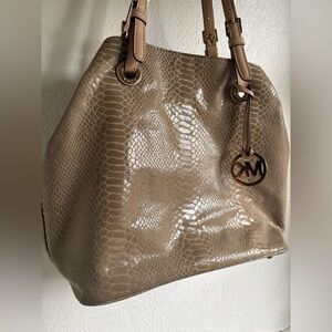 Michael Michael Kors “Lilly” Large Python-Embossed Tote — Warm Taupe